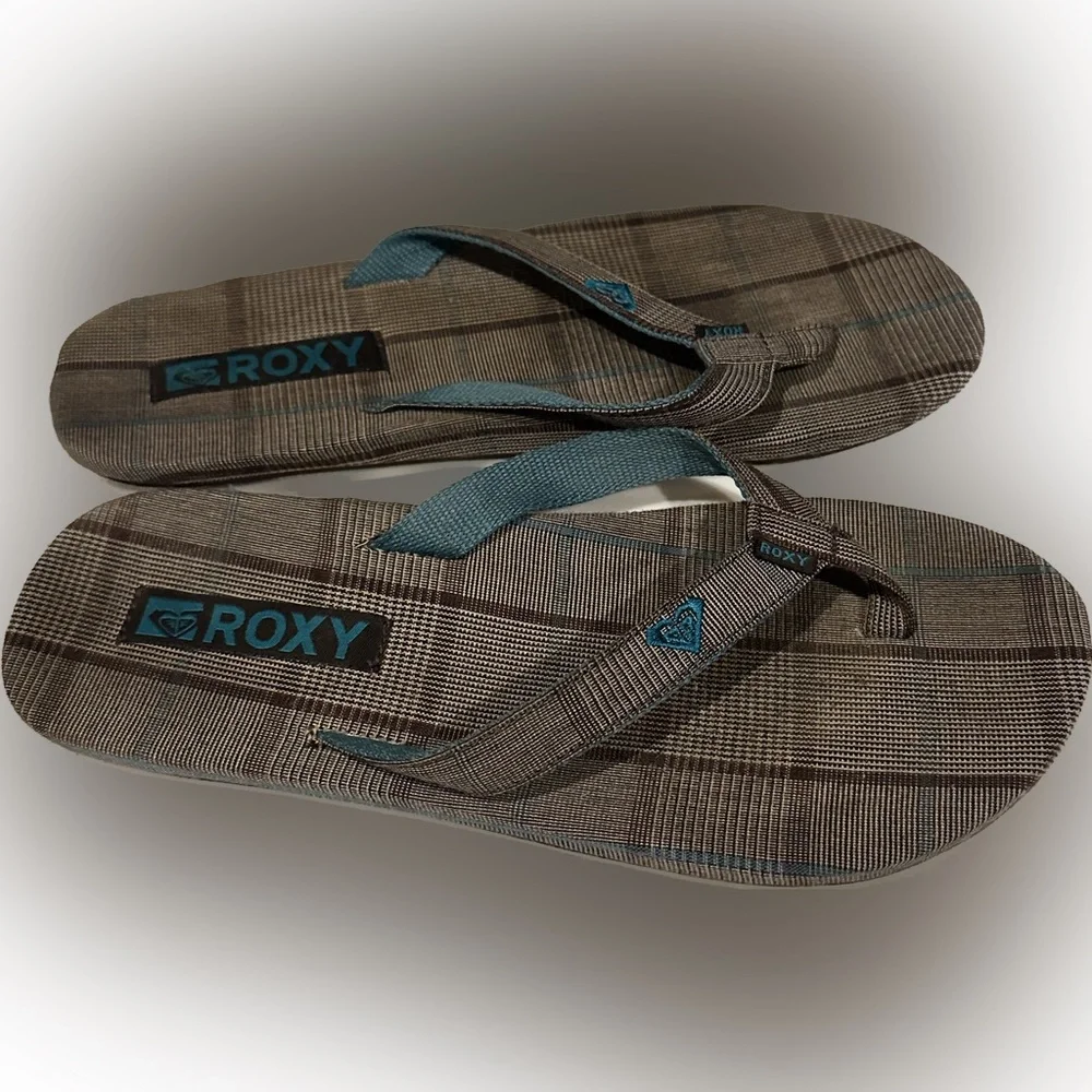 VTG Y2K ROXY FALL FLIP FLOPS SZ8 MENSWEAR VIB BROWN TEAL PLAID THONG SANDAL COOL